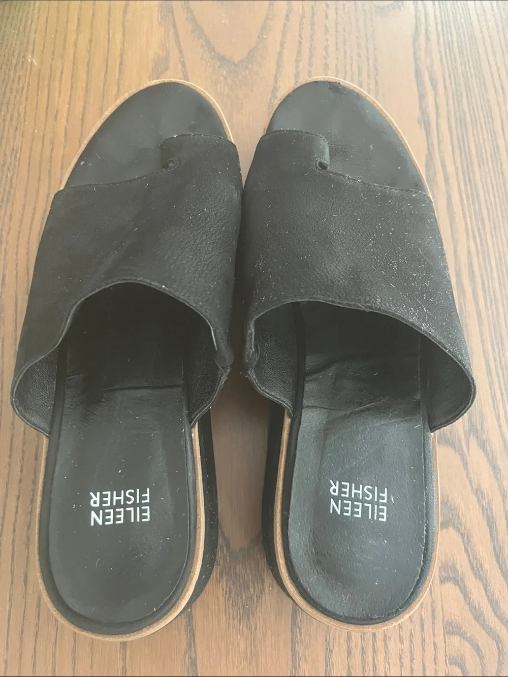 Eileen Fisher Dare Black Leather Toe-Loop Slide Sandals Size 8